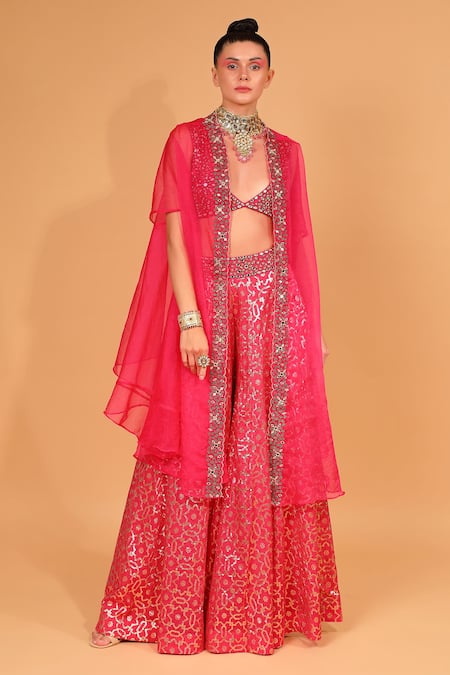 Shop_Neha Khullar_Fuchsia Organza, Net, Banarasi Chanderi, Lining Cotton Sharara Set With Cape _Online_at_Aza_Fashions