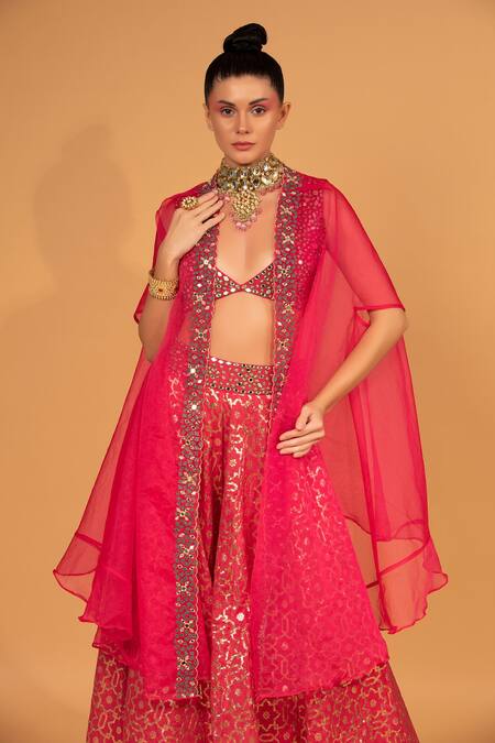 Neha Khullar_Fuchsia Organza, Net, Banarasi Chanderi, Lining Cotton Sharara Set With Cape _at_Aza_Fashions