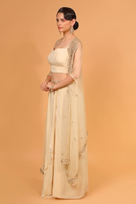 Neha Khullar_Ivory Organza, Crepe, Cotton Mirrors, Sequins, Embroidered Cape And Dhoti Pant Set For Kids_Online_at_Aza_Fashions