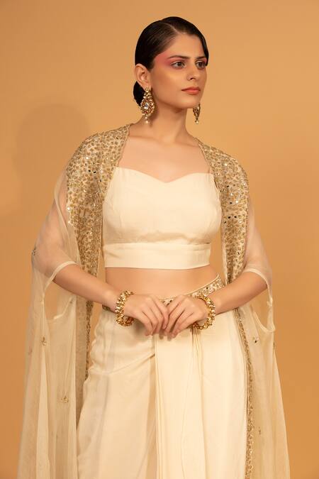 Buy_Neha Khullar_Ivory Organza, Crepe, Cotton Mirrors, Sequins, Embroidered Cape And Dhoti Pant Set For Kids_Online_at_Aza_Fashions