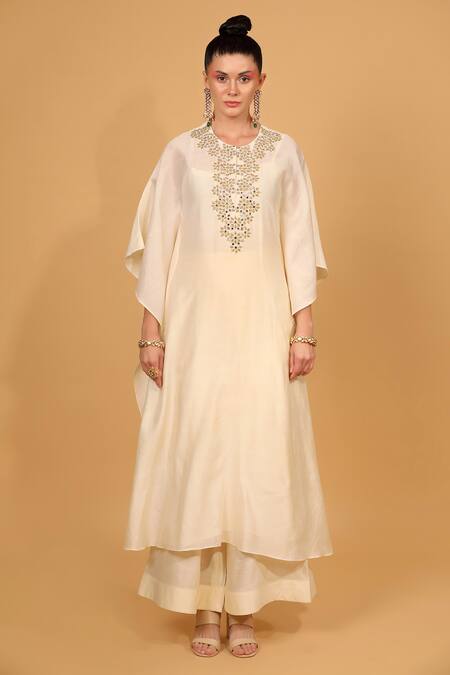 Neha Khullar_White Chanderi Silk Mirror, Sequin Work, Zari Round Kaftan Kurta And Palazzo Set _Online_at_Aza_Fashions