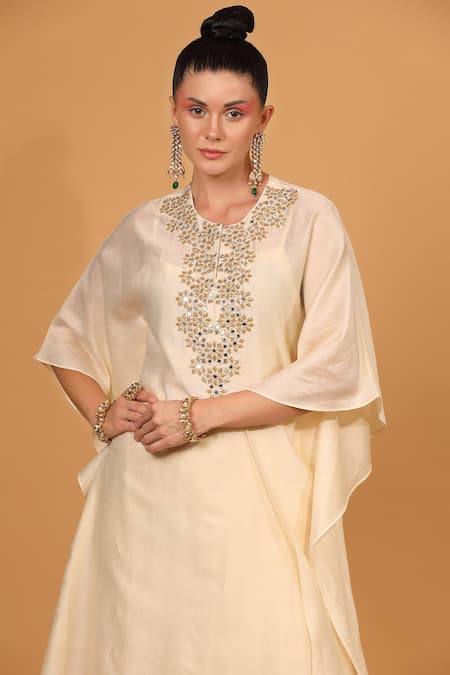 Buy_Neha Khullar_White Chanderi Silk Mirror, Sequin Work, Zari Round Kaftan Kurta And Palazzo Set _Online_at_Aza_Fashions