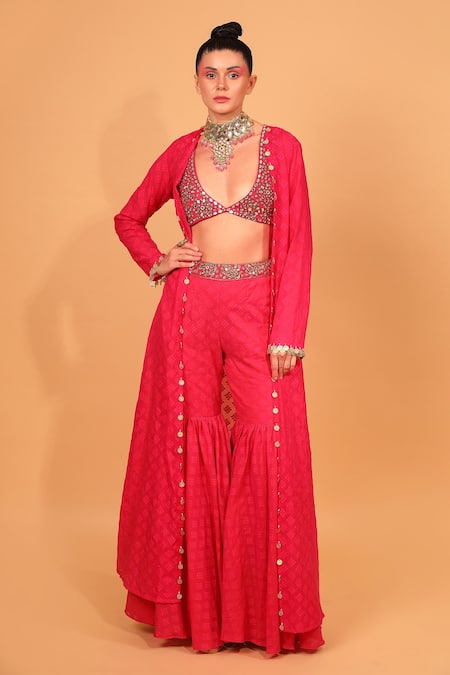 Buy_Neha Khullar_Fuchsia Chanderi Silk Mirror, Sequin Work, Zari Plunge V Sharara Set With Cape _Online_at_Aza_Fashions