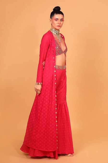 Shop_Neha Khullar_Fuchsia Chanderi Silk Mirror, Sequin Work, Zari Plunge V Sharara Set With Cape _Online_at_Aza_Fashions