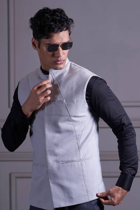 Shop_Agape_Silver Cotton Embroidery Cording Panelled Bundi_Online_at_Aza_Fashions