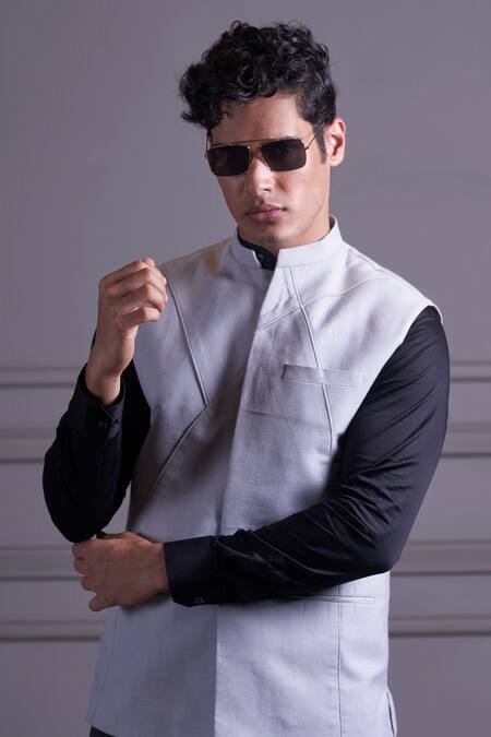 Agape_Silver Cotton Embroidery Cording Panelled Bundi_at_Aza_Fashions