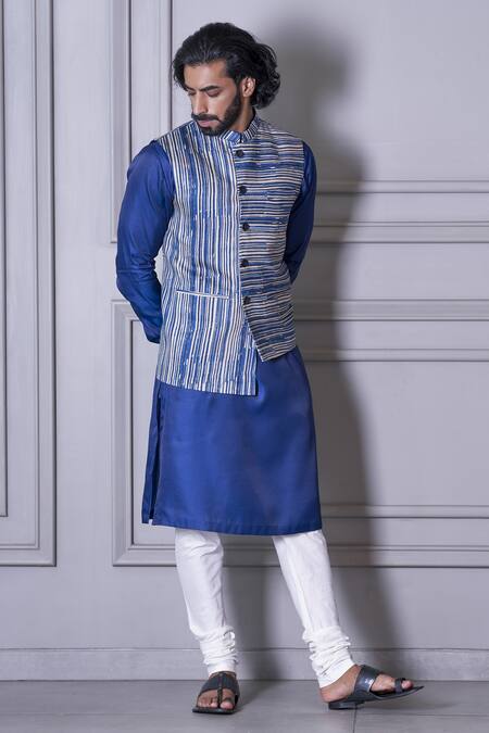 Agape Blue Silk Stripe Pattern Bundi And Kurta Set Online at Aza Fashions Agape_Blue Silk Stripe Pattern Bundi And Kurta Set_Online_at_Aza_Fashions