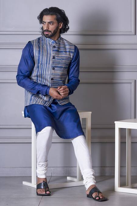 Buy Agape Blue Silk Stripe Pattern Bundi And Kurta Set Online at Aza Fashions Buy_Agape_Blue Silk Stripe Pattern Bundi And Kurta Set_Online_at_Aza_Fashions