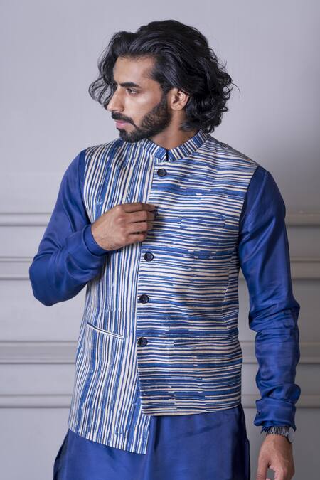Shop Agape Blue Silk Stripe Pattern Bundi And Kurta Set Online at Aza Fashions Shop_Agape_Blue Silk Stripe Pattern Bundi And Kurta Set_Online_at_Aza_Fashions