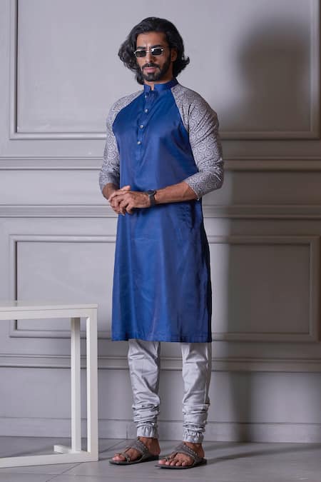 Buy Blue Silk Printed Floral Raglan Sleeve Kurta Set For Men by Agape  Online at Aza Fashions.