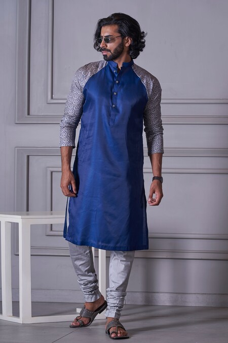 Buy Blue Silk Printed Floral Raglan Sleeve Kurta Set For Men by