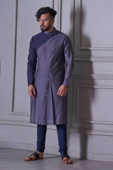 Agape_Blue Handloom Cotton Geometric Embroidered Kurta Set_Online_at_Aza_Fashions