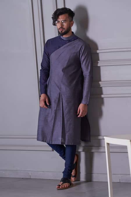 Shop_Agape_Blue Handloom Cotton Geometric Embroidered Kurta Set_Online_at_Aza_Fashions