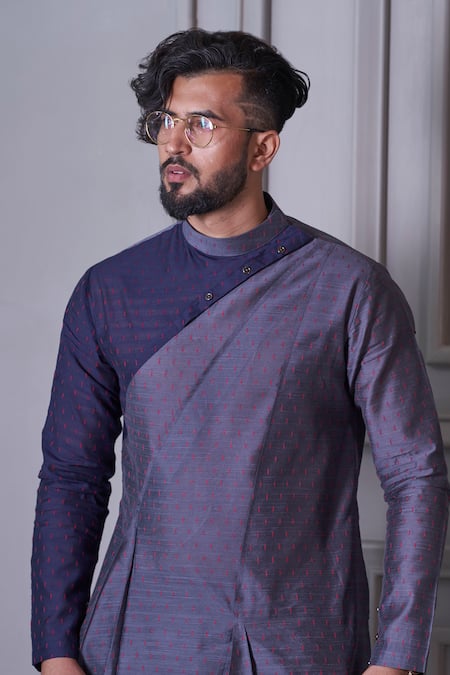 Agape_Blue Handloom Cotton Geometric Embroidered Kurta Set_at_Aza_Fashions