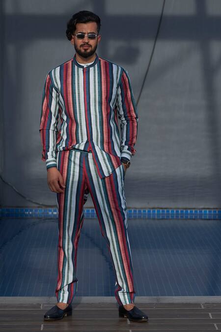 Agape Multi Color Cotton Stripe Pattern Pant Set