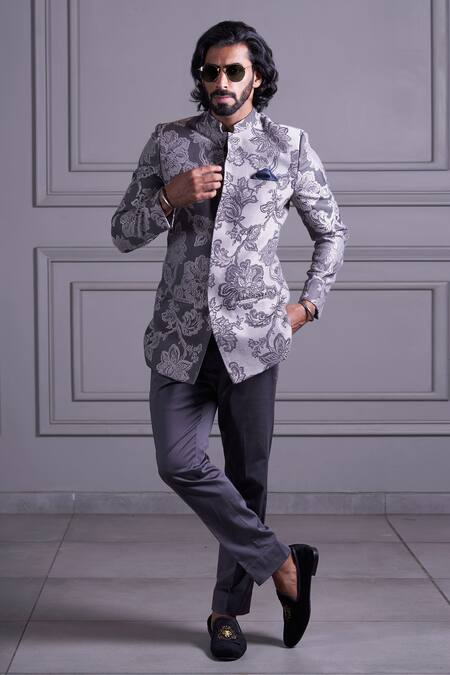 Agape Grey Suiting Printed Bandhgala And Trouser Set