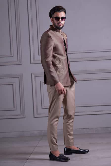 Shop_Agape_Brown Cotton Pashmina Beads And Thread Bandhgala & Pant Set_at_Aza_Fashions