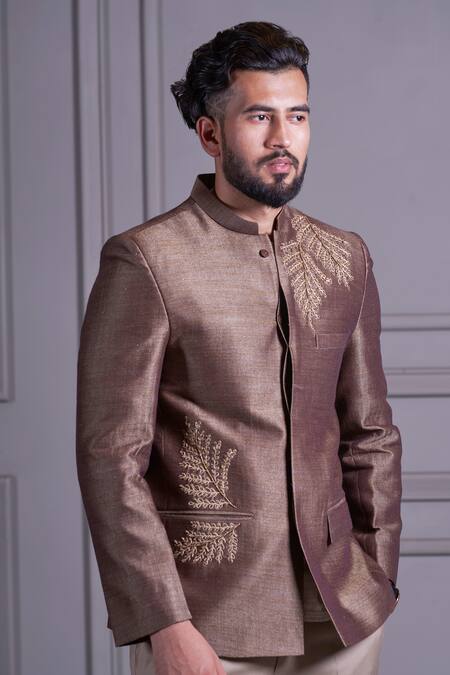Agape_Brown Cotton Pashmina Beads And Thread Bandhgala & Pant Set_Online_at_Aza_Fashions
