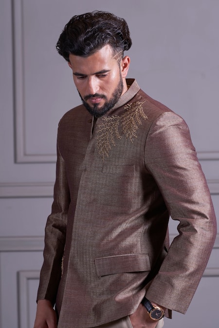 Buy_Agape_Brown Cotton Pashmina Beads And Thread Bandhgala & Pant Set_Online_at_Aza_Fashions