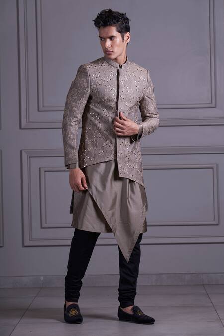 Agape_Grey Silk Thread And Sequin Asymmetric Jacket Kurta Set_Online_at_Aza_Fashions