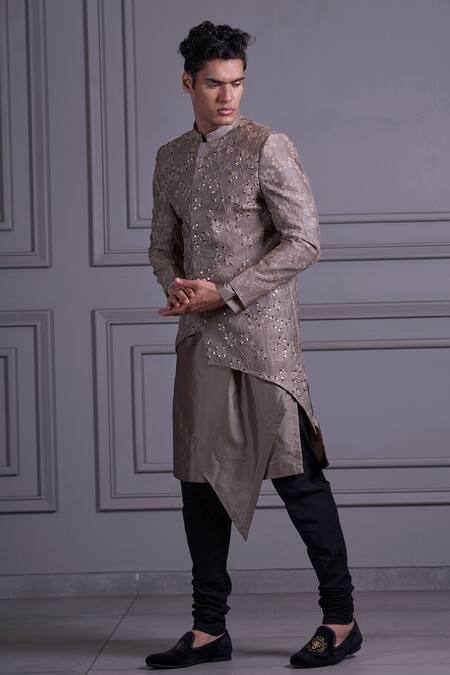 Buy_Agape_Grey Silk Thread And Sequin Asymmetric Jacket Kurta Set_Online_at_Aza_Fashions