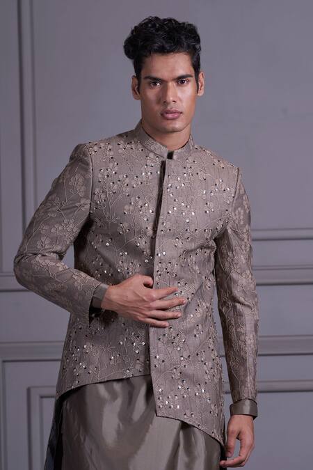 Shop_Agape_Grey Silk Thread And Sequin Asymmetric Jacket Kurta Set_Online_at_Aza_Fashions