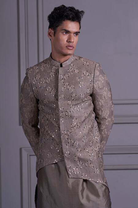 Agape_Grey Silk Thread And Sequin Asymmetric Jacket Kurta Set_at_Aza_Fashions