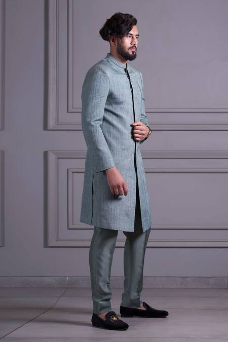 Agape_Green Silk Cording Sherwani Set_Online_at_Aza_Fashions
