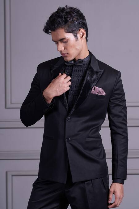 Shop Agape Black Velvet Plain Blazer And Pant Set Online at Aza Fashions Shop_Agape_Black Velvet Plain Blazer And Pant Set_Online_at_Aza_Fashions