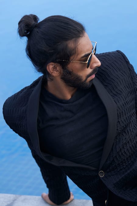 Agape_Black Suiting Plain Pintuck Blazer_Online_at_Aza_Fashions