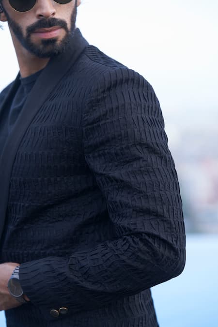 Agape_Black Suiting Plain Pintuck Blazer_at_Aza_Fashions