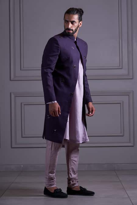 Agape_Purple Silk Sequin Embroidered Sherwani Set_Online_at_Aza_Fashions