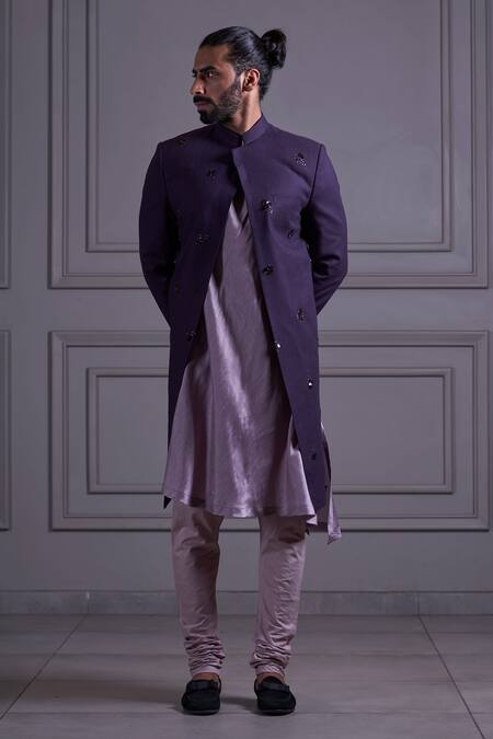 Buy_Agape_Purple Silk Sequin Embroidered Sherwani Set_Online_at_Aza_Fashions