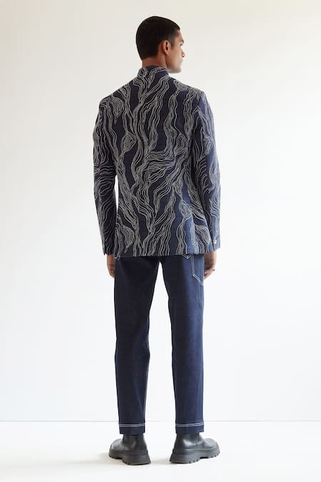 Shop_Countrymade_Blue Matka Silk Infinity Pattern Motif Bandhgala_at_Aza_Fashions