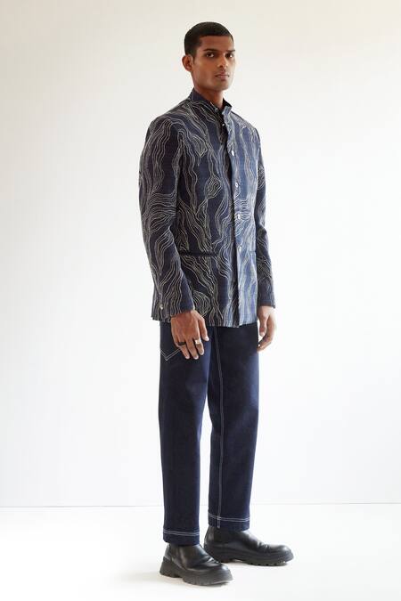 Countrymade_Blue Matka Silk Infinity Pattern Motif Bandhgala_Online_at_Aza_Fashions