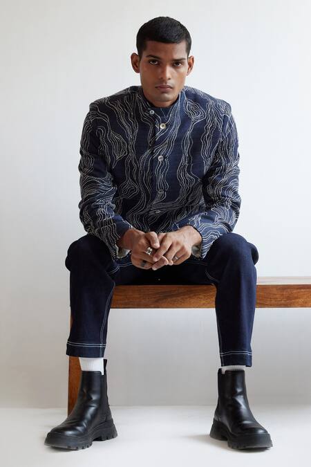 Buy_Countrymade_Blue Matka Silk Infinity Pattern Motif Bandhgala_Online_at_Aza_Fashions