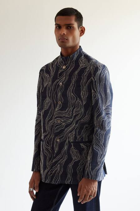 Shop_Countrymade_Blue Matka Silk Infinity Pattern Motif Bandhgala_Online_at_Aza_Fashions