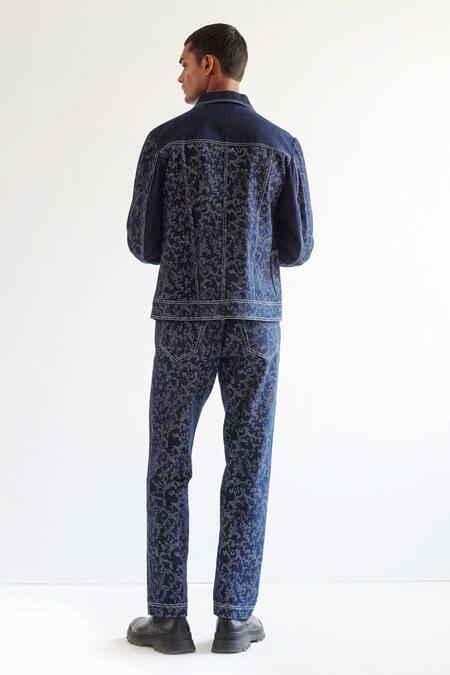 Shop_Countrymade_Blue Cotton Camouflage Pattern Camo Block Print Denim Jacket_at_Aza_Fashions