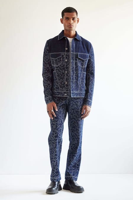 Countrymade_Blue Cotton Camouflage Pattern Camo Block Print Denim Jacket_Online_at_Aza_Fashions