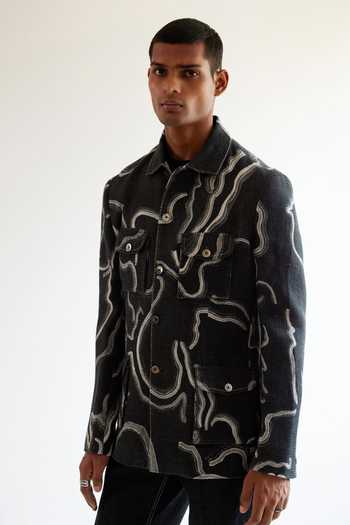 Countrymade_Black Linen Twill Desert Wave Print Jacket_Online_at_Aza_Fashions