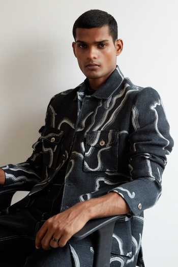 Buy_Countrymade_Black Linen Twill Desert Wave Print Jacket_Online_at_Aza_Fashions
