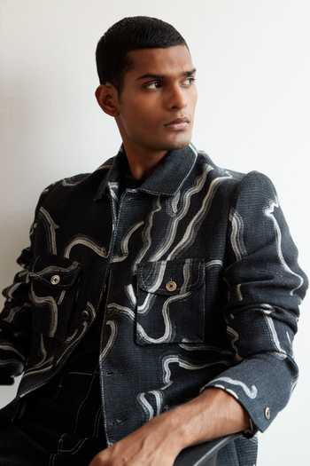 Shop_Countrymade_Black Linen Twill Desert Wave Print Jacket_Online_at_Aza_Fashions