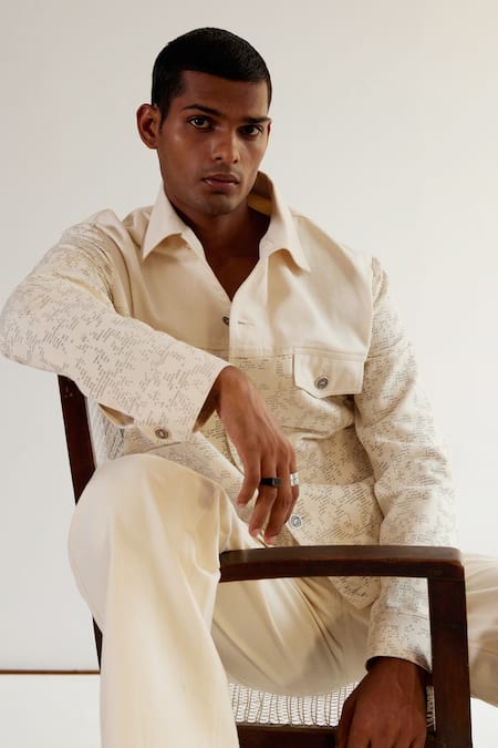 Shop Countrymade Off White Cotton Camouflage Pattern Camo Block Print Denim Jacket Online at Aza Fashions Shop_Countrymade_Off White Cotton Camouflage Pattern Camo Block Print Denim Jacket_Online_at_Aza_Fashions