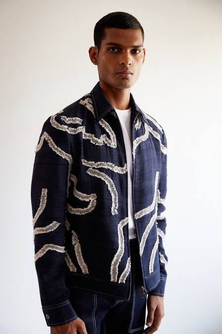 Buy_Countrymade_Blue Matka Silk Dna Motif Pattern Embroidered Jacket_Online_at_Aza_Fashions