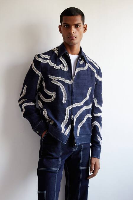 Shop_Countrymade_Blue Matka Silk Dna Motif Pattern Embroidered Jacket_Online_at_Aza_Fashions