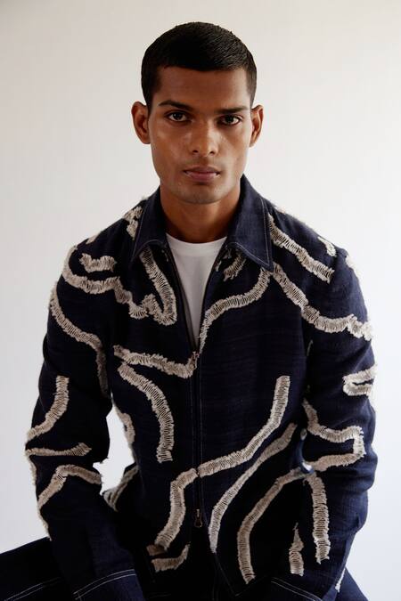 Countrymade_Blue Matka Silk Dna Motif Pattern Embroidered Jacket_at_Aza_Fashions