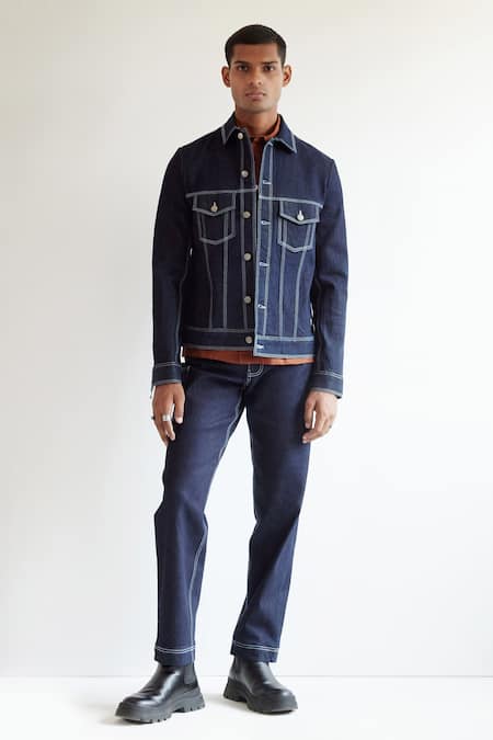 Countrymade Blue Cotton Embroidered Running Stitch Denim Trucker Jacket 