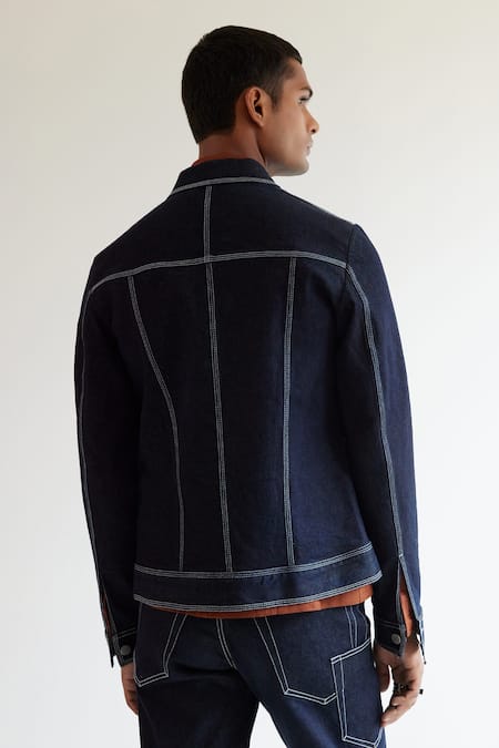 Shop_Countrymade_Blue Cotton Running Stitch Denim Trucker Jacket_at_Aza_Fashions
