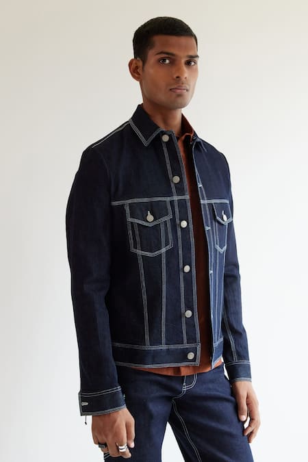Countrymade_Blue Cotton Running Stitch Denim Trucker Jacket_Online_at_Aza_Fashions
