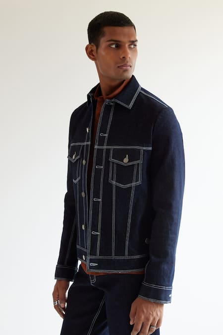 Buy_Countrymade_Blue Cotton Running Stitch Denim Trucker Jacket_Online_at_Aza_Fashions